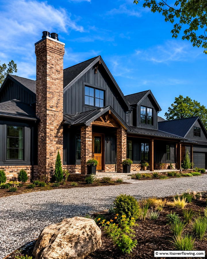 Black Exterior with Rustic Brick Accents - 25 Black Modern Farmhouse Exterior Design Ideas