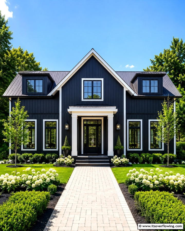 Black Exterior with Symmetrical Design - 25 Black Modern Farmhouse Exterior Design Ideas