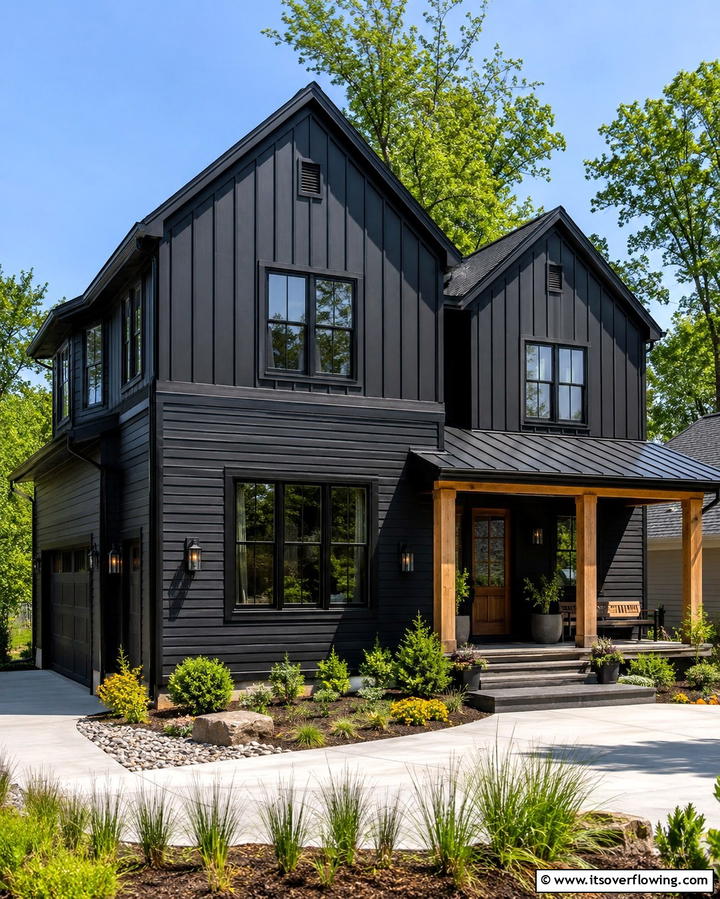 Black Exterior with Vertical and Horizontal Siding Mix - 25 Black Modern Farmhouse Exterior Design Ideas