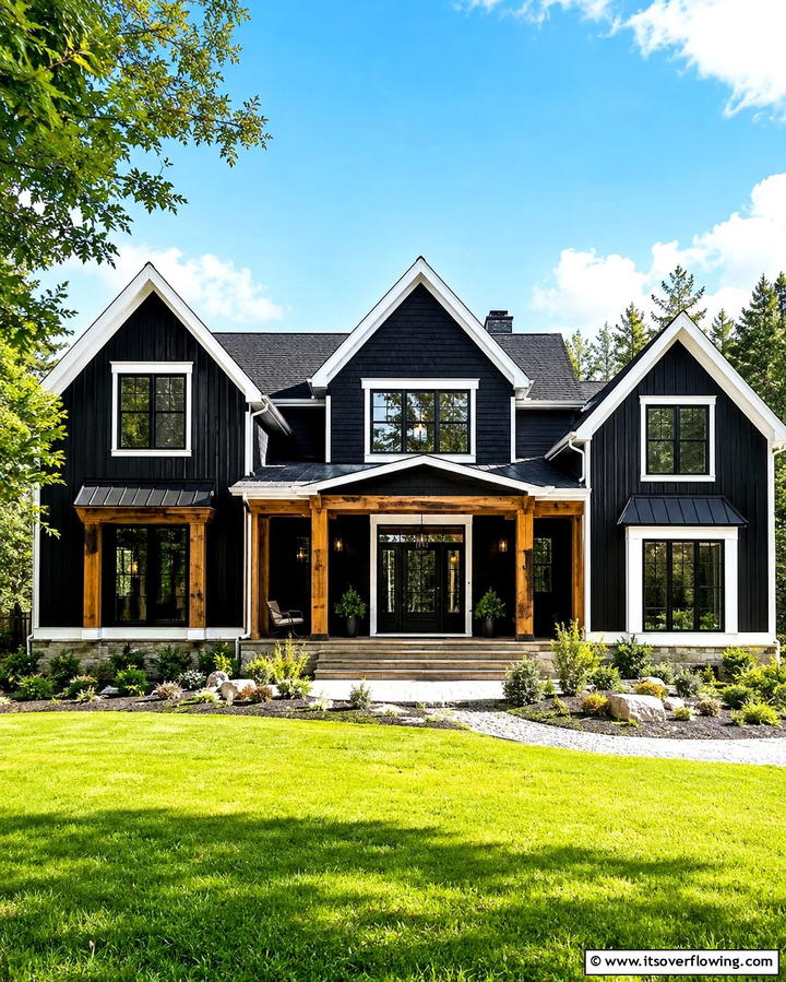Black Exterior with Warm Wood Accents - 25 Black Modern Farmhouse Exterior Design Ideas