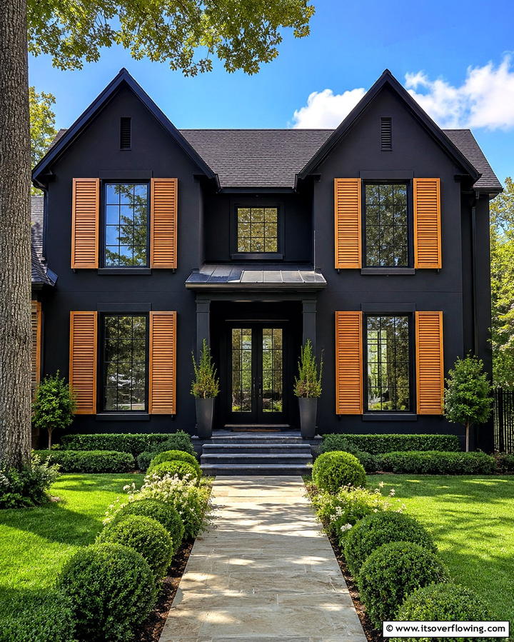 Black Exterior with Wooden Shutters - 25 Black House With Wood Accents Ideas for a Bold Design