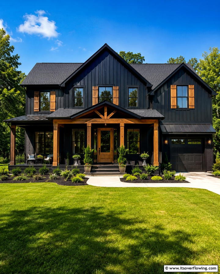 Black Exterior with a Pop of Vibrant Door Color - 25 Black Modern Farmhouse Exterior Design Ideas