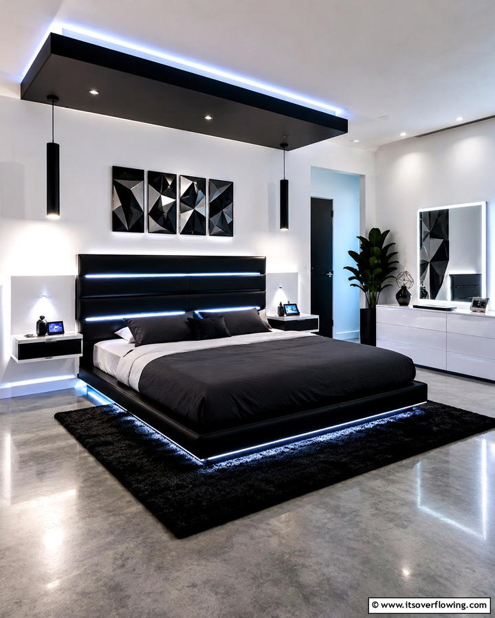 Black Faux Leather Headboard with LED Lights - 25 Black Headboard Bedroom Ideas for a Bold Statement