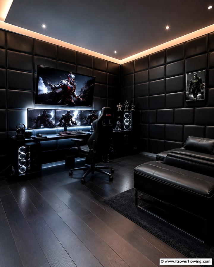 Black Faux Leather Wall Panels - 25 Sleek Black Gaming Room Ideas for Gamers