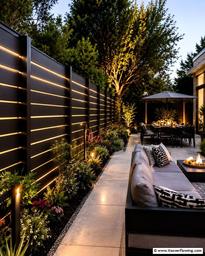 Black Fence with Integrated Lighting - 25 Black Fence Ideas for Modern Outdoor Spaces