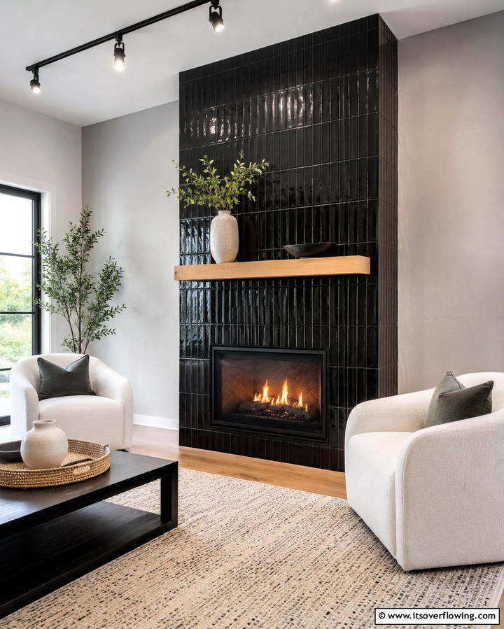 Black Fireplace Surround - 30 Bold Black Living Room Designs for Dramatic Modern Spaces