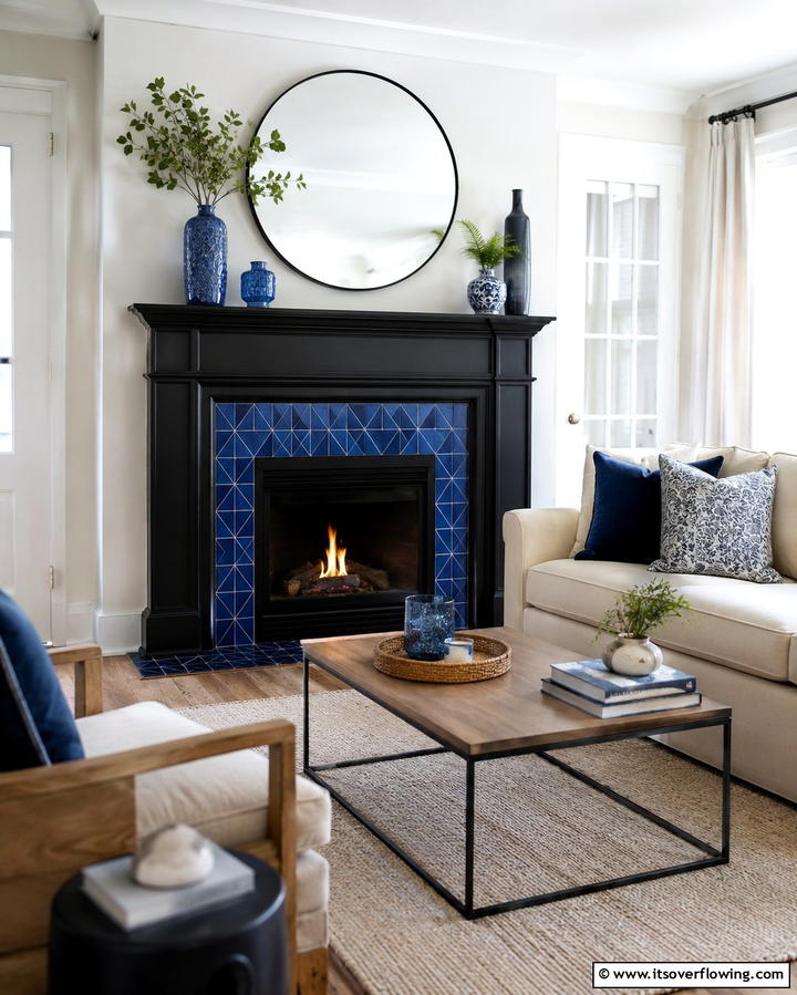 Black Fireplace with Blue Surround - 25 Bold Black and Blue Living Room Ideas for a Statement