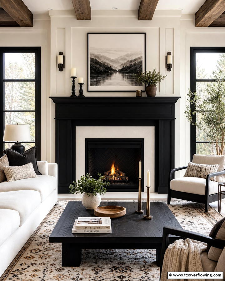 Black Fireplace with Cream Surround - 25 Cream and Black Living Room Ideas for Elegance