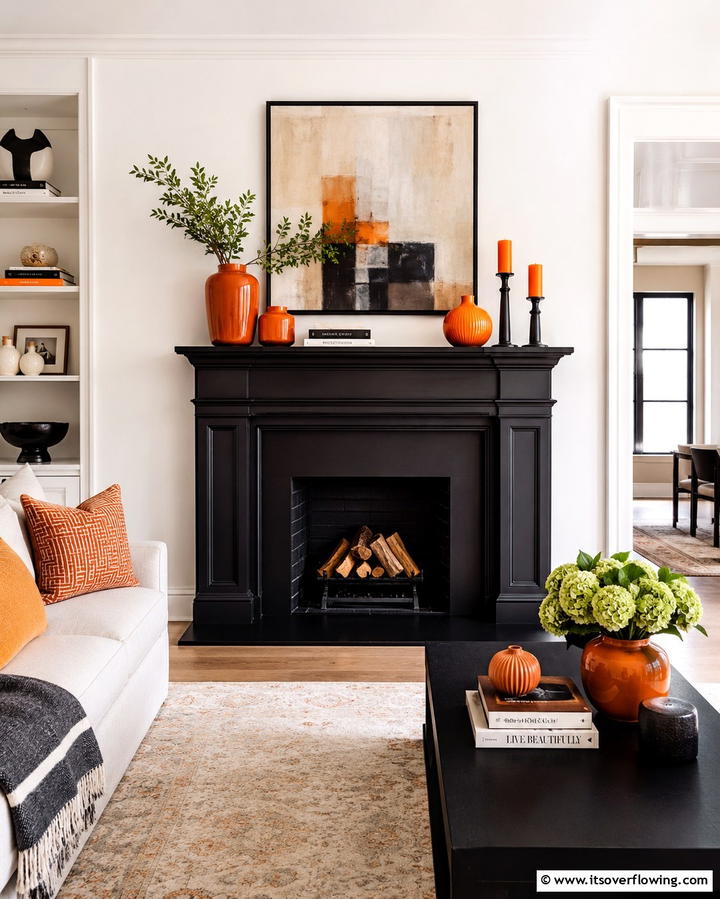 Black Fireplace with Orange Mantel Decor - 25 Black and Orange Living Room Ideas for a Bold Statement