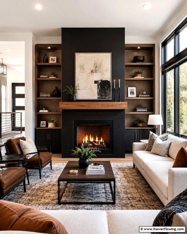 Black Fireplace with Wooden Mantel - 25 Black House With Wood Accents Ideas for a Bold Design