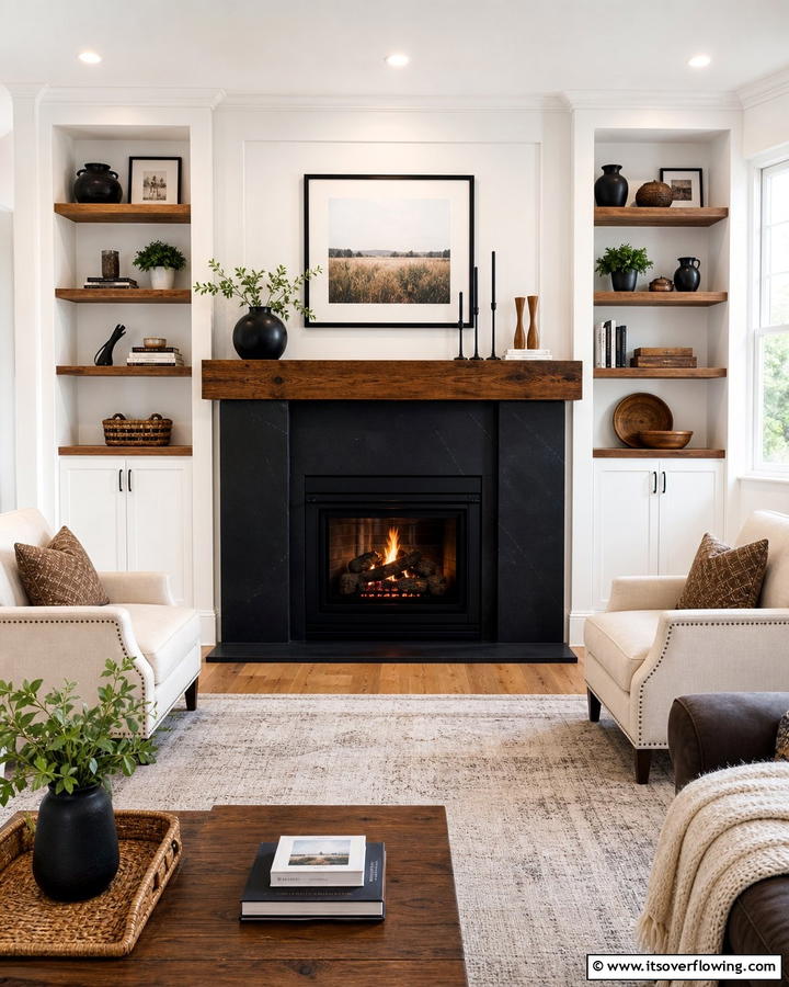 Black Fireplace with Wooden Mantel - 20 Black and Brown Interior Design Ideas for Modern Homes