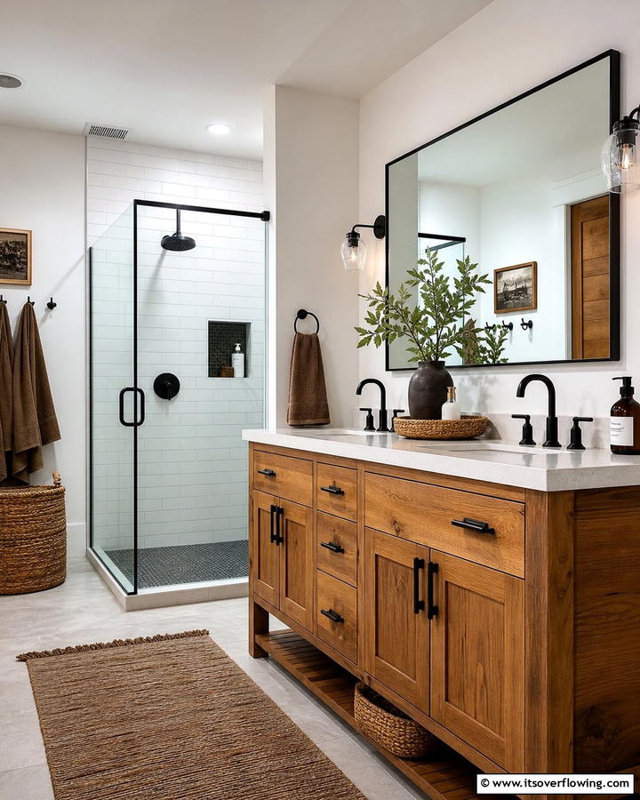 Black Fixtures with Wooden Vanity - 20 Modern Brown and Black Bathroom Ideas for a Bold Design