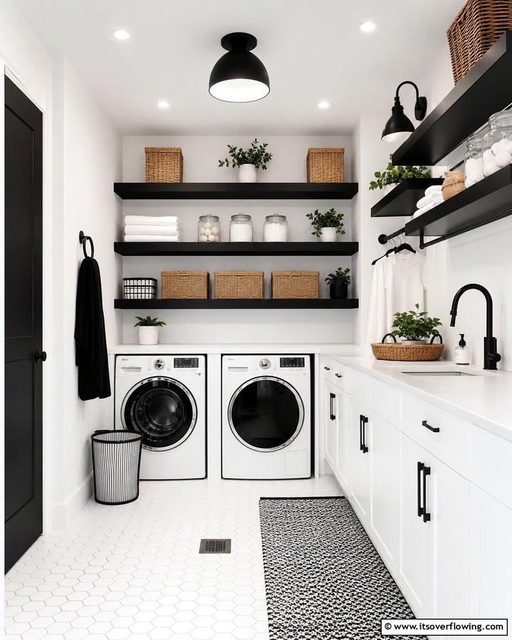 Black Floating Shelves on White Walls - 20 Black and White Laundry Room Ideas for Style