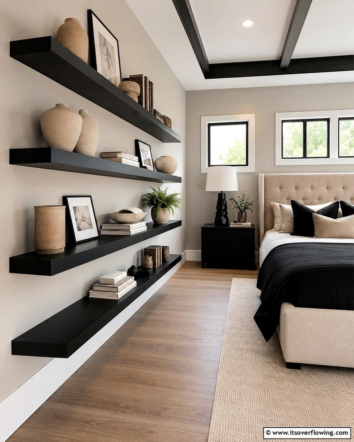 Black Floating Shelves with Beige Decor - 25 Elegant Black and Beige Bedroom Design Ideas