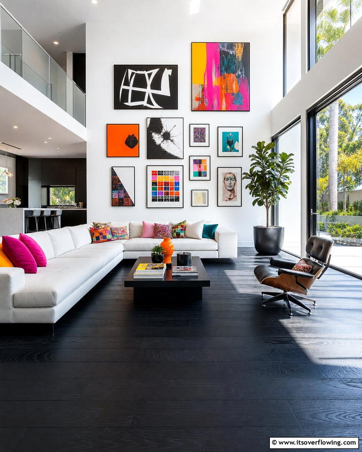 Black Floor with Bright White Walls - 25 Black Floor Living Room Ideas for a Modern Aesthetic