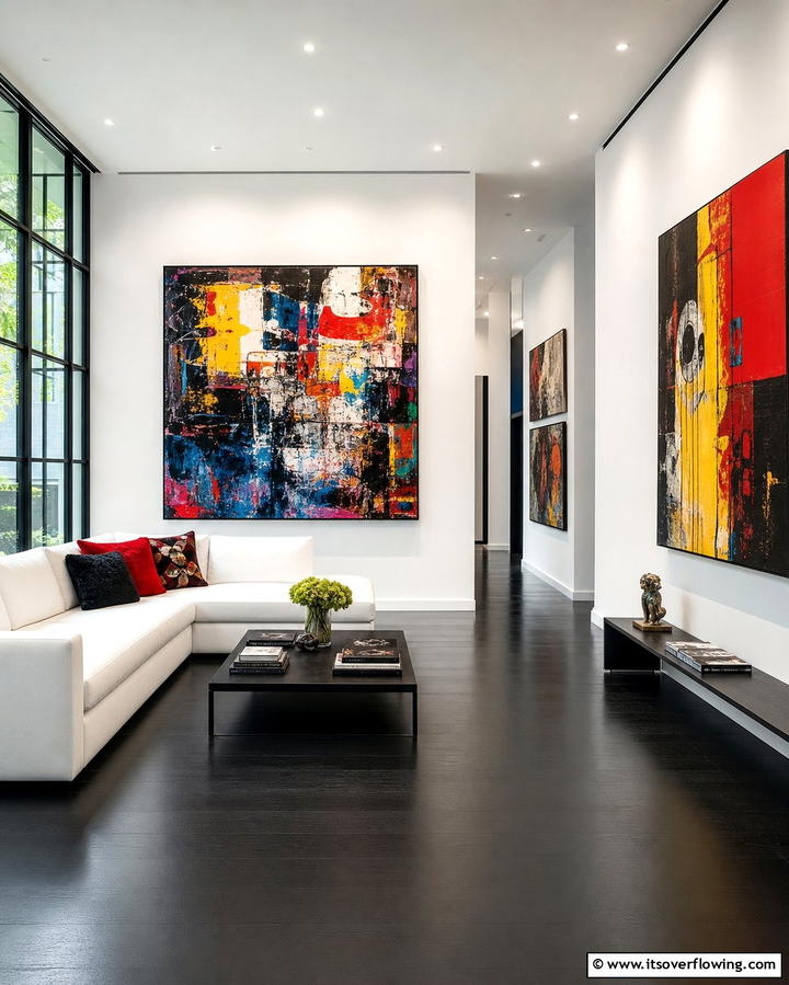 Black Floor with Colorful Artwork - 25 Black Floor Living Room Ideas for a Modern Aesthetic