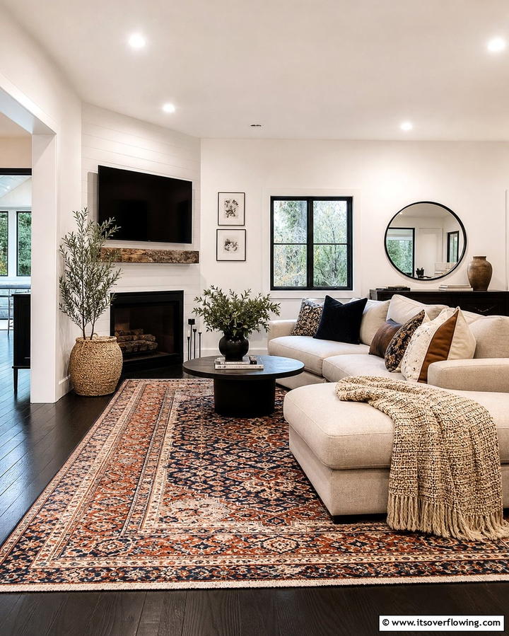 Black Floor with Cozy Area Rugs - 25 Black Floor Living Room Ideas for a Modern Aesthetic