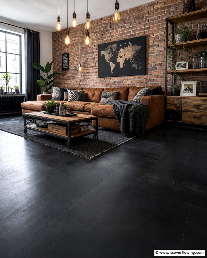Black Floor with Industrial Decor - 25 Black Floor Living Room Ideas for a Modern Aesthetic