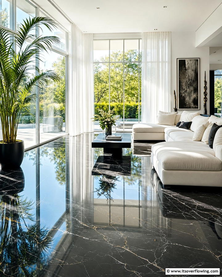 Black Floor with Large Windows - 25 Black Floor Living Room Ideas for a Modern Aesthetic