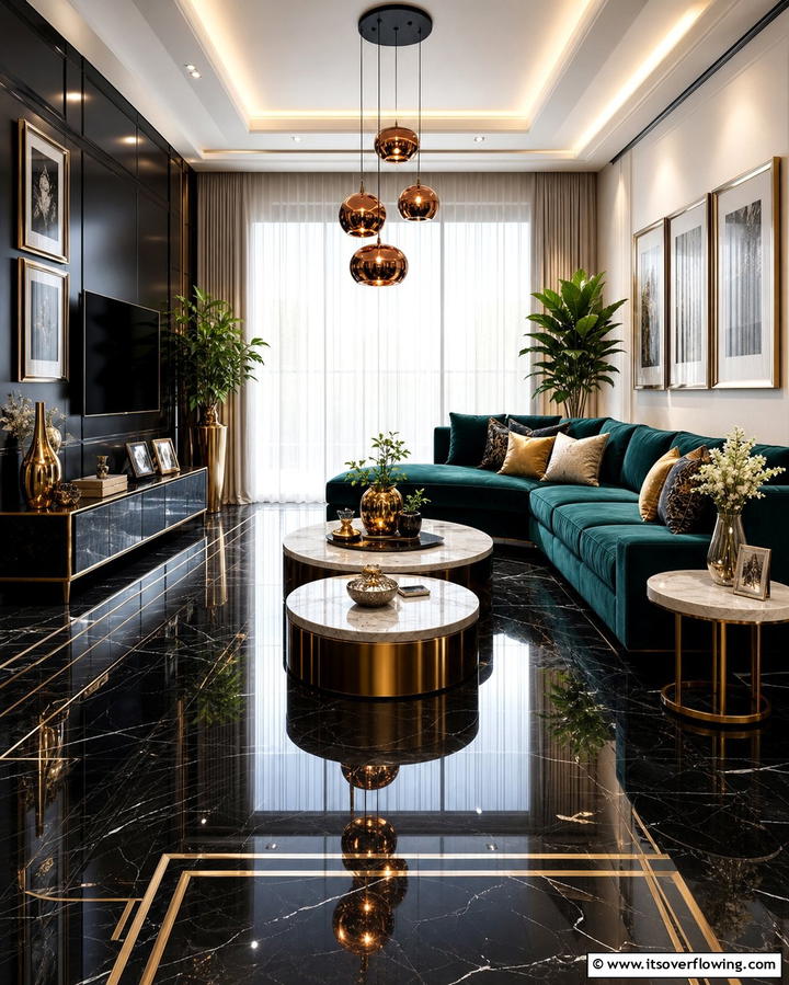 Black Floor with Metallic Accents - 25 Black Floor Living Room Ideas for a Modern Aesthetic