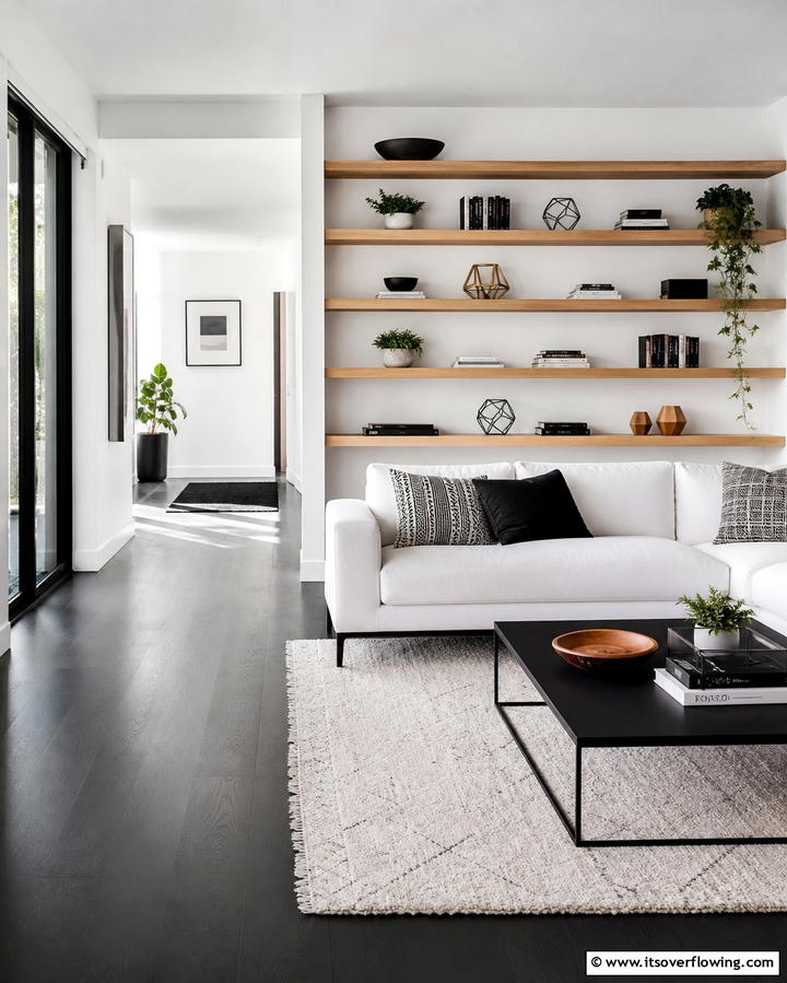 Black Floor with Open Shelving - 25 Black Floor Living Room Ideas for a Modern Aesthetic