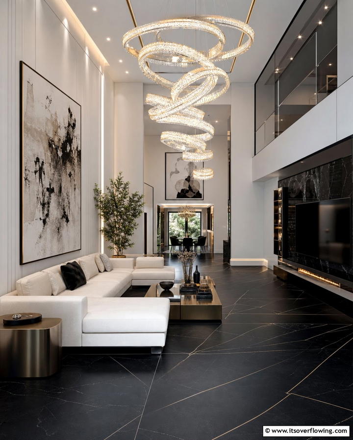 Black Floor with Statement Lighting - 25 Black Floor Living Room Ideas for a Modern Aesthetic