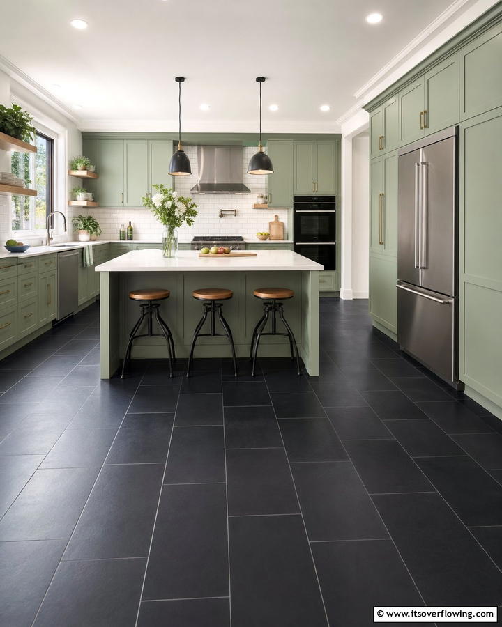 Black Flooring with Sage Green Cabinets - 20 Sage Green and Black Kitchen Ideas for a Modern Feel