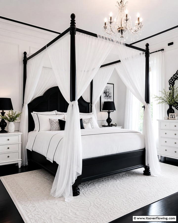 Black Four Poster Bed with White Linens - 20 Feminine Black and White Bedroom Ideas for Elegance