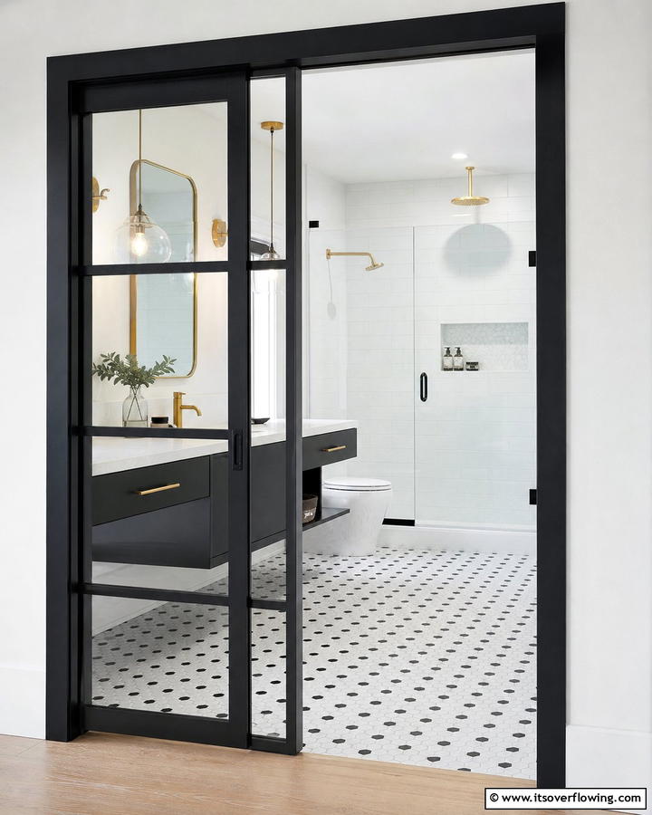 Black Frame Pocket Door for Modern Contrast - 20 Bathroom Pocket Door Ideas for Modern Homes