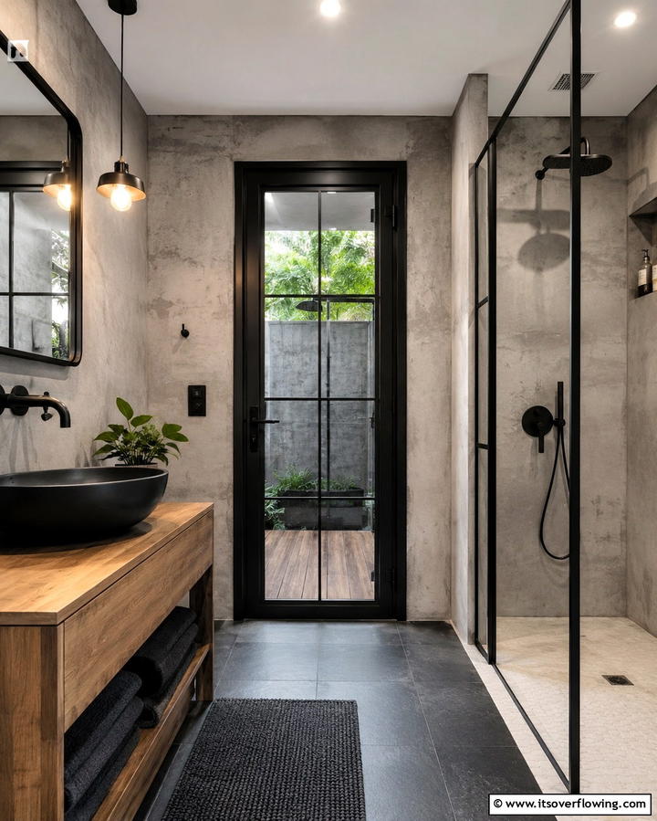 Black Framed Door for Industrial Charm - 25 Bathroom Door Ideas to Enhance Your Space