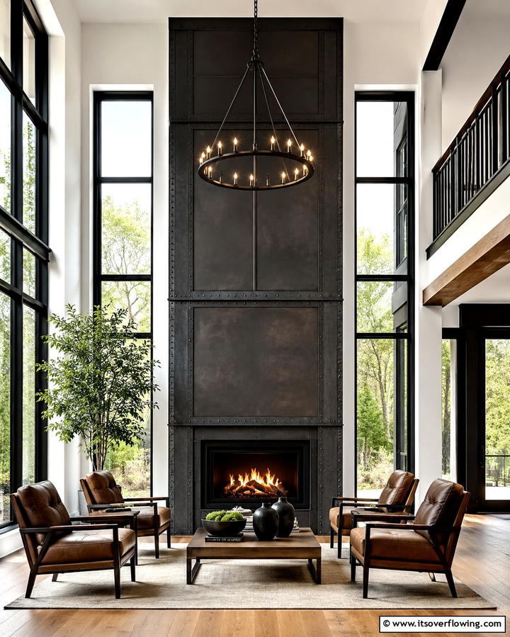 Black Framed Fireplace Between Tall Windows - 25 Fireplace Between Windows Ideas for Cozy Homes