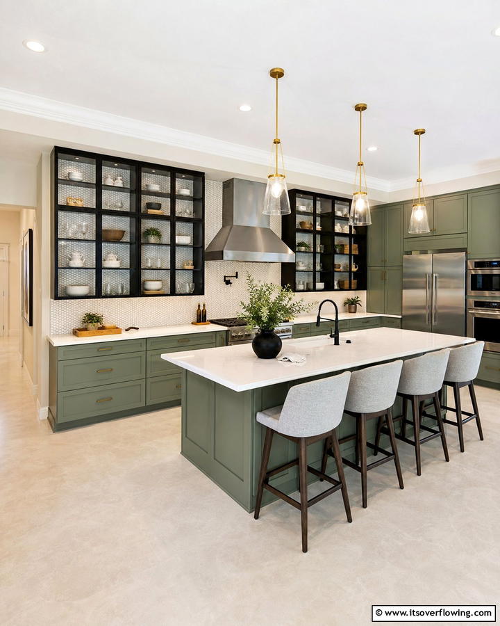 Black Framed Glass Cabinets with Sage Green Lower Units - 20 Sage Green and Black Kitchen Ideas for a Modern Feel