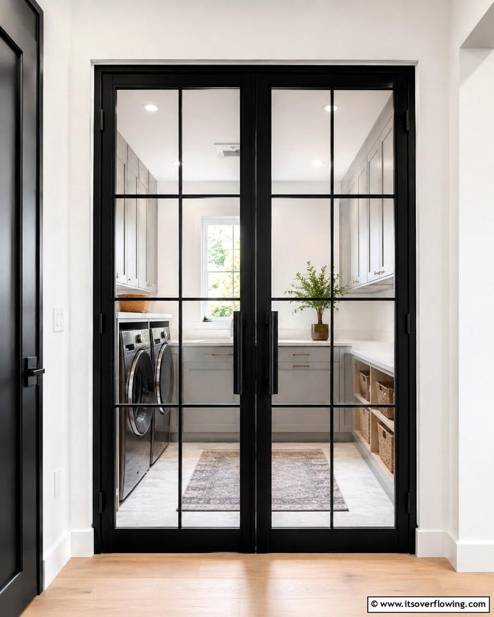 Black Framed Glass Doors for Sophistication - 30 Stylish Black Laundry Room Ideas for a Modern Utility Space