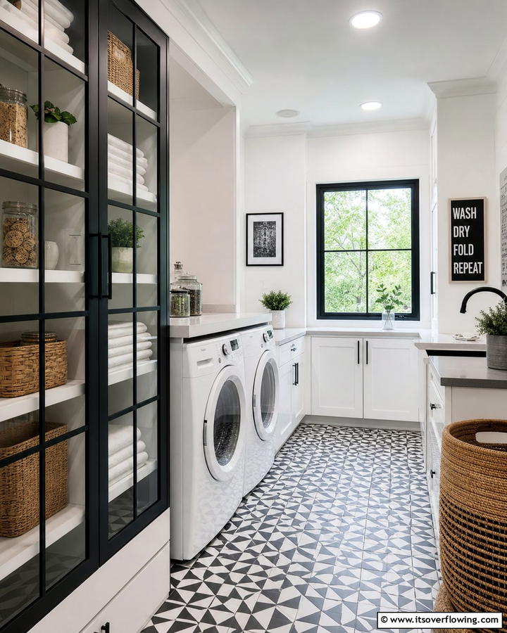 Black Framed Glass Doors - 20 Black and White Laundry Room Ideas for Style