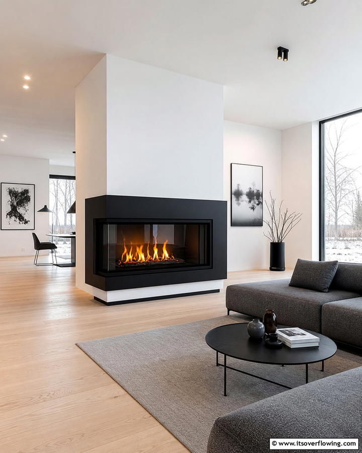 Black Framed Glass Fireplace for Dramatic Effect - 20 Scandinavian Fireplace Ideas for Cozy Homes