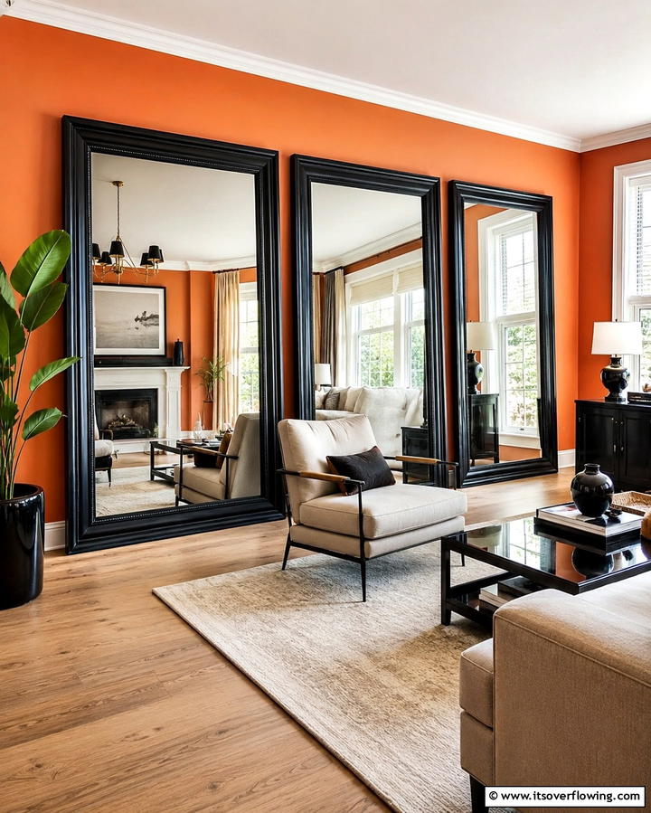 Black Framed Mirrors with Orange Surroundings - 25 Black and Orange Living Room Ideas for a Bold Statement