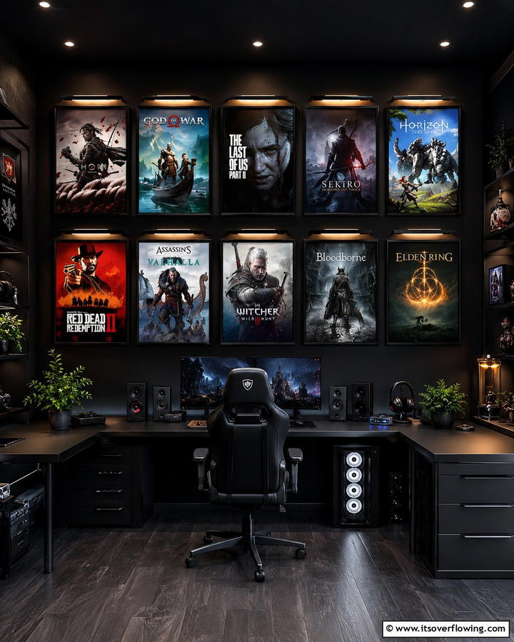 Black Framed Posters of Gaming Art - 25 Sleek Black Gaming Room Ideas for Gamers