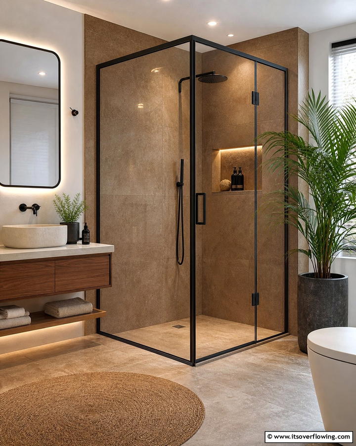 Black Framed Shower Enclosure with Brown Tiles - 20 Modern Brown and Black Bathroom Ideas for a Bold Design