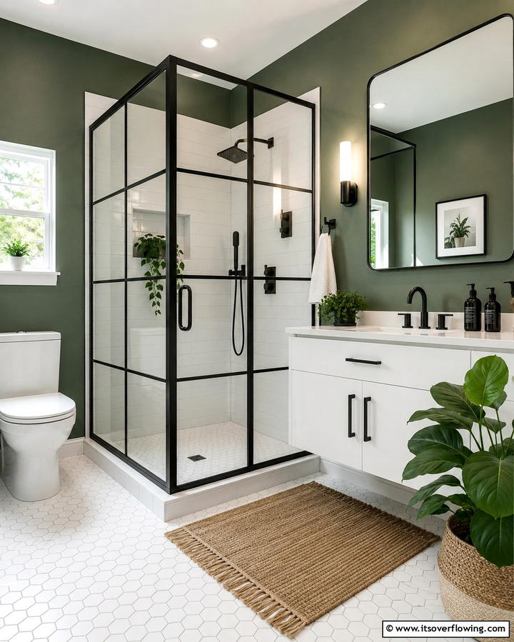 Black Framed Shower Enclosure with Green Walls - 25 Black and Green Bathroom Ideas for Bold Style