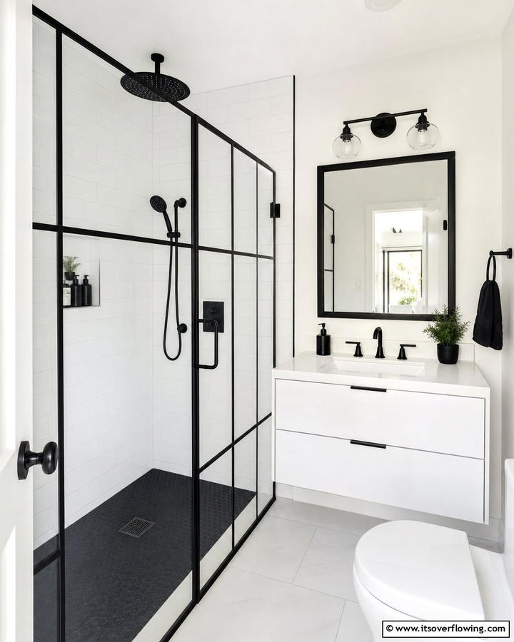 Black Framed Shower Glass - 20 Black and White Powder Room Ideas for a Classic Style
