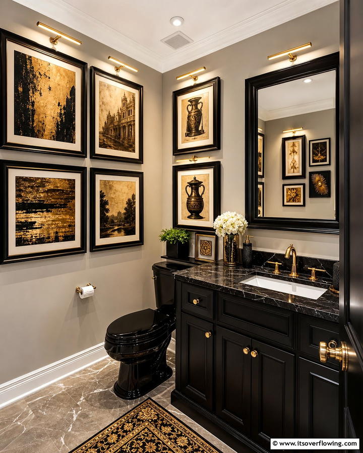 Black Frames with Gold Artwork - 25 Luxurious Black and Gold Powder Room Ideas for Elegance