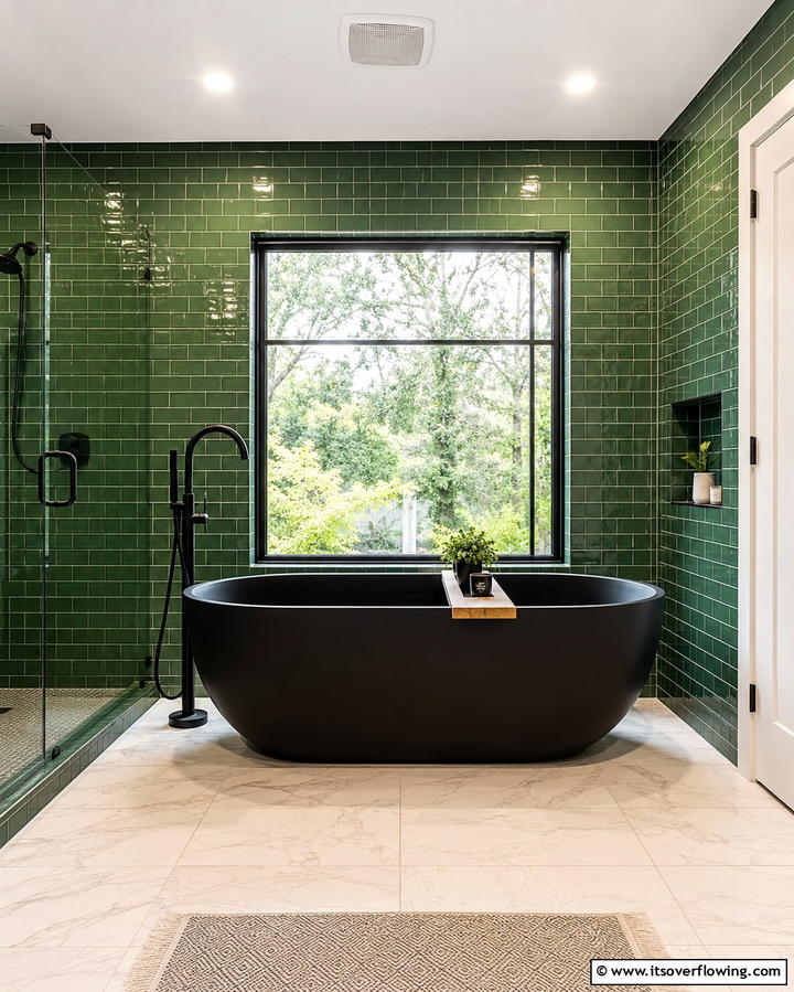 Black Freestanding Bathtub with Green Tile Surround - 25 Black and Green Bathroom Ideas for Bold Style