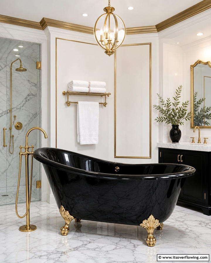 Black Freestanding Tub with Gold Feet - 25 Black and Gold Bathroom Ideas for a Glamorous Space