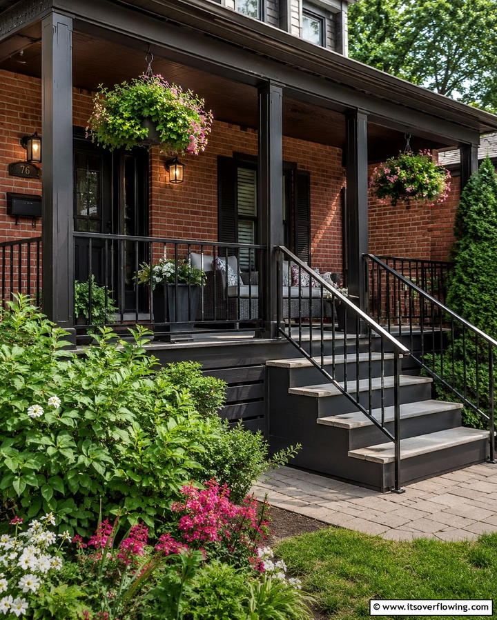Black Front Porch Railings for Subtle Elegance - 25 Red Brick House with Black Trim Design Ideas