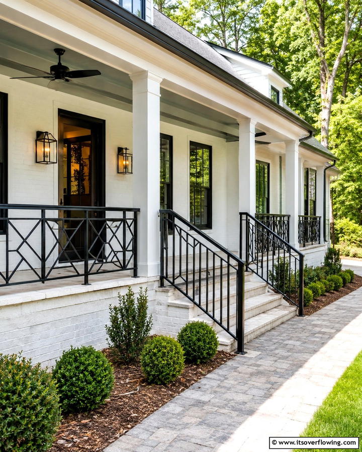 Black Front Porch Railings for a Balanced Design - 30 Single-Story White House Black Trim Exterior Inspirations