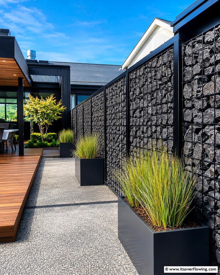 Black Gabion Wall Fence for Industrial Style - 25 Black Fence Ideas for Modern Outdoor Spaces
