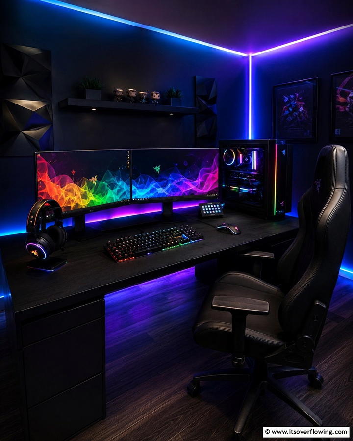 Black Gaming Accessories with RGB Highlights - 25 Sleek Black Gaming Room Ideas for Gamers