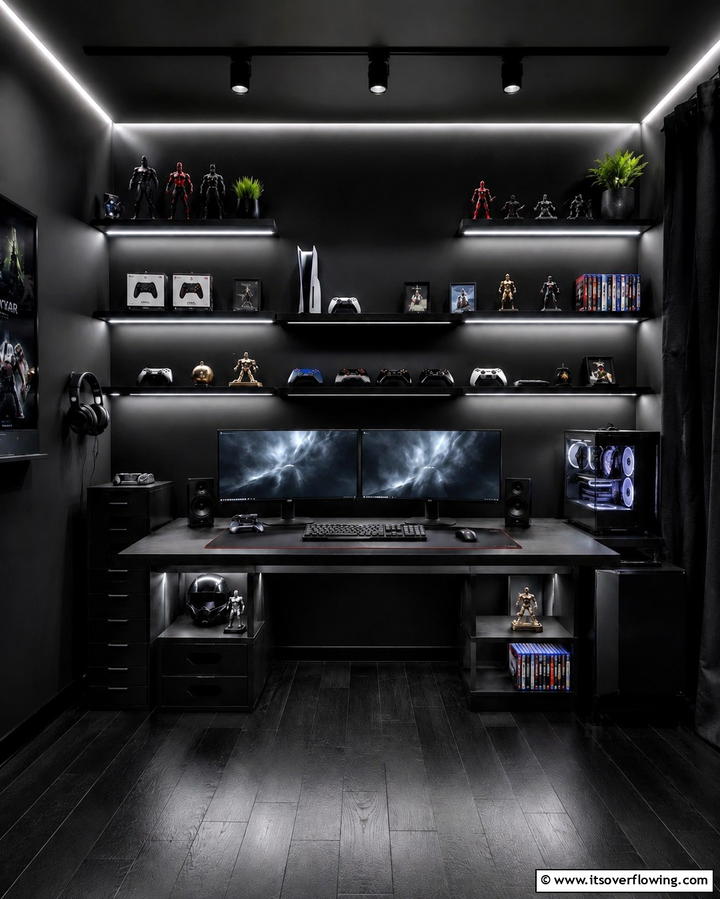 Black Gaming Room With Floating Shelves - 25 Sleek Black Gaming Room Ideas for Gamers
