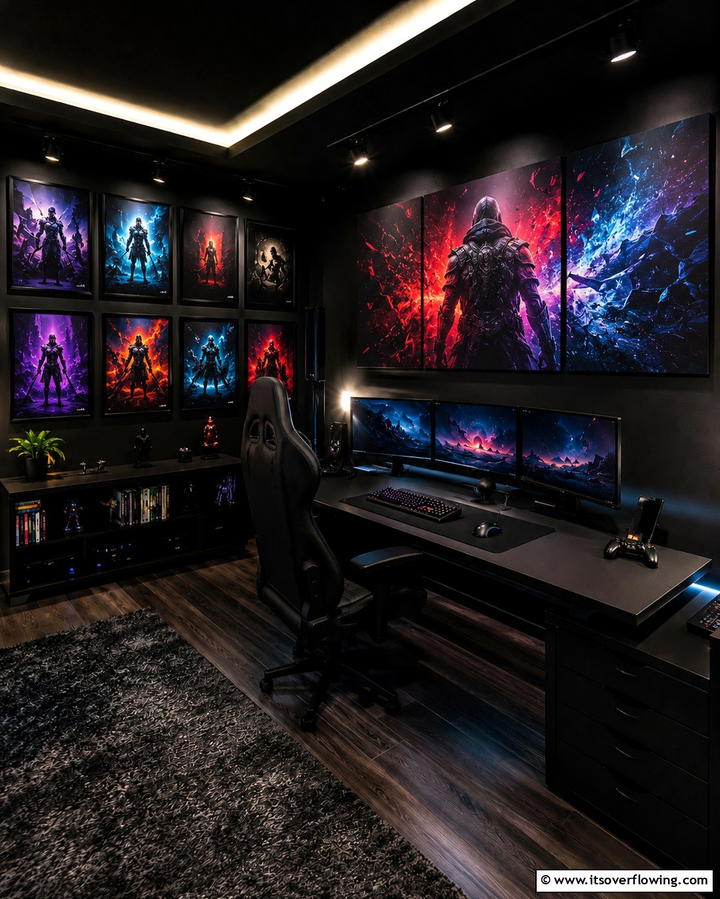 Black Gaming Room With Wall Art - 25 Sleek Black Gaming Room Ideas for Gamers