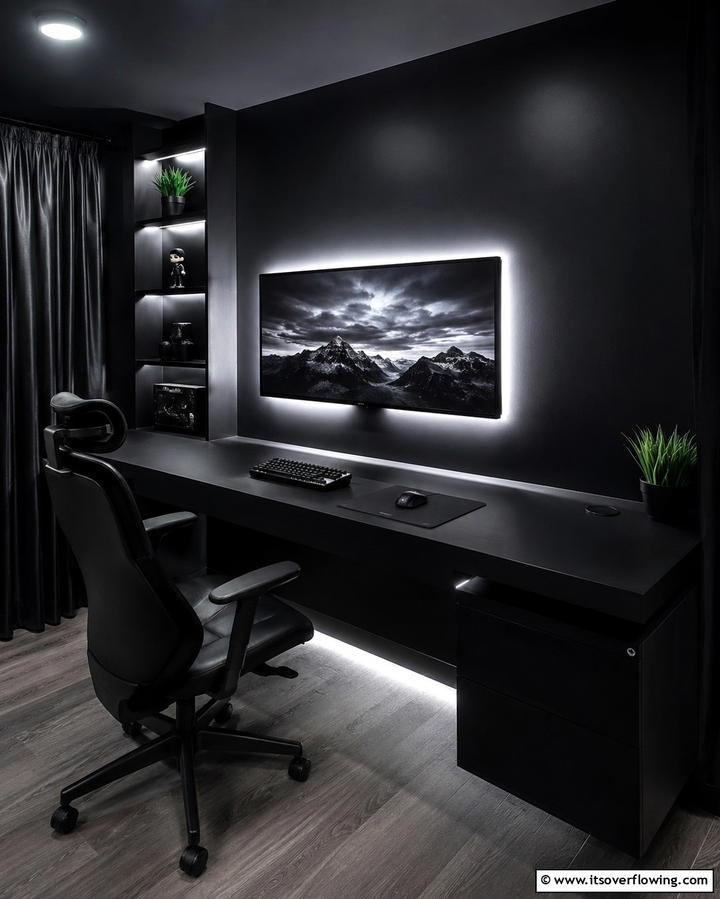 Black Gaming Room With a Minimalist Desk - 25 Sleek Black Gaming Room Ideas for Gamers
